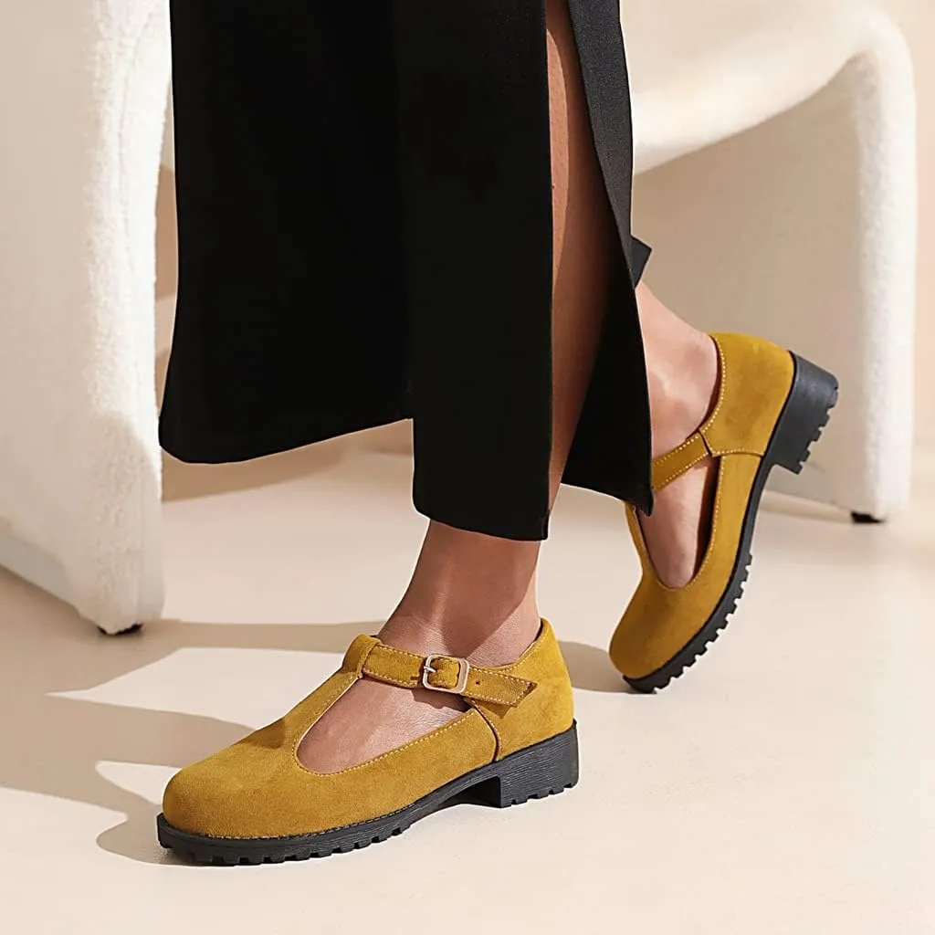 Women's Mary Jane T-Strap Loafers Flats Vintage Round Toe Suede Low Heel Girls Dress Oxford Shoes