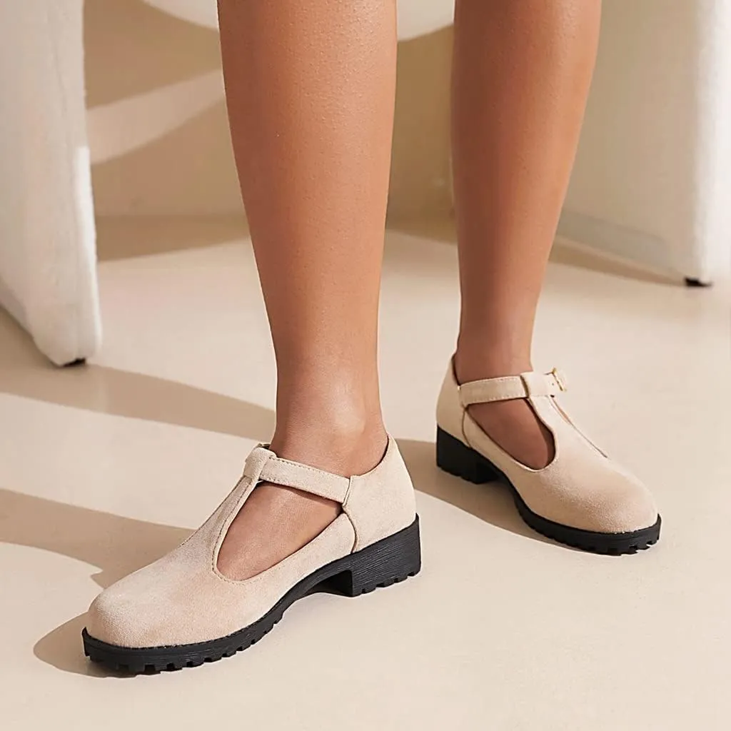 Women's Mary Jane T-Strap Loafers Flats Vintage Round Toe Suede Low Heel Girls Dress Oxford Shoes