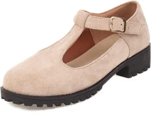 Women's Mary Jane T-Strap Loafers Flats Vintage Round Toe Suede Low Heel Girls Dress Oxford Shoes
