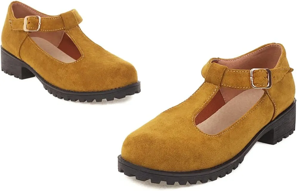 Women's Mary Jane T-Strap Loafers Flats Vintage Round Toe Suede Low Heel Girls Dress Oxford Shoes