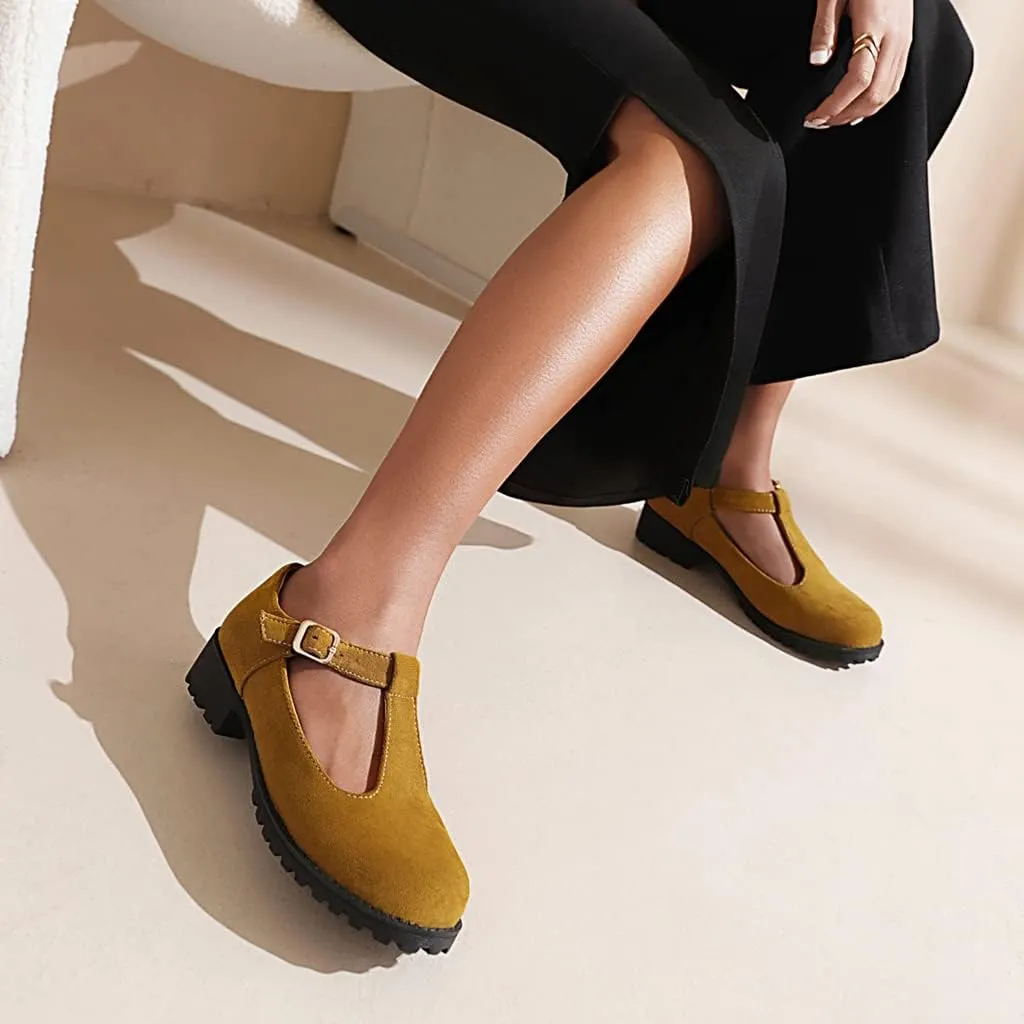 Women's Mary Jane T-Strap Loafers Flats Vintage Round Toe Suede Low Heel Girls Dress Oxford Shoes