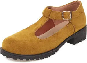 Women's Mary Jane T-Strap Loafers Flats Vintage Round Toe Suede Low Heel Girls Dress Oxford Shoes