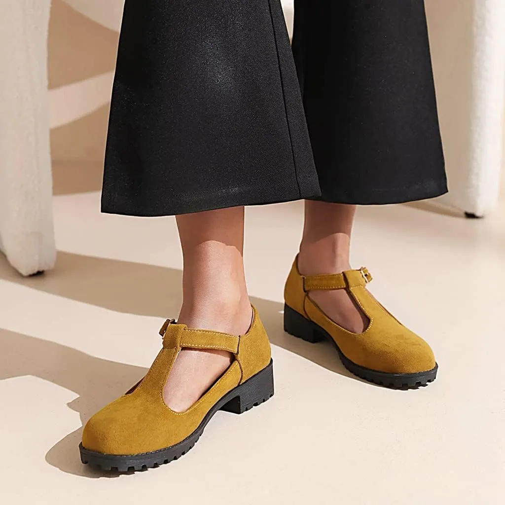 Women's Mary Jane T-Strap Loafers Flats Vintage Round Toe Suede Low Heel Girls Dress Oxford Shoes