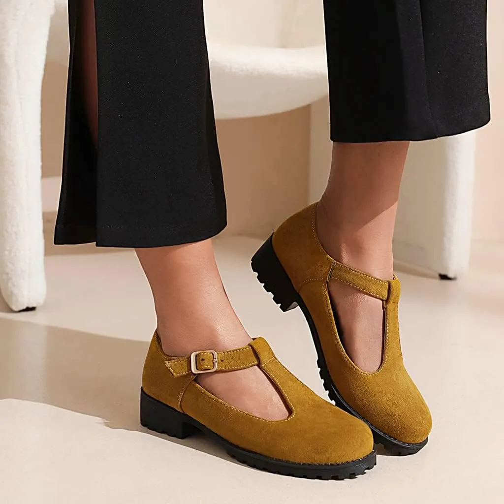 Women's Mary Jane T-Strap Loafers Flats Vintage Round Toe Suede Low Heel Girls Dress Oxford Shoes