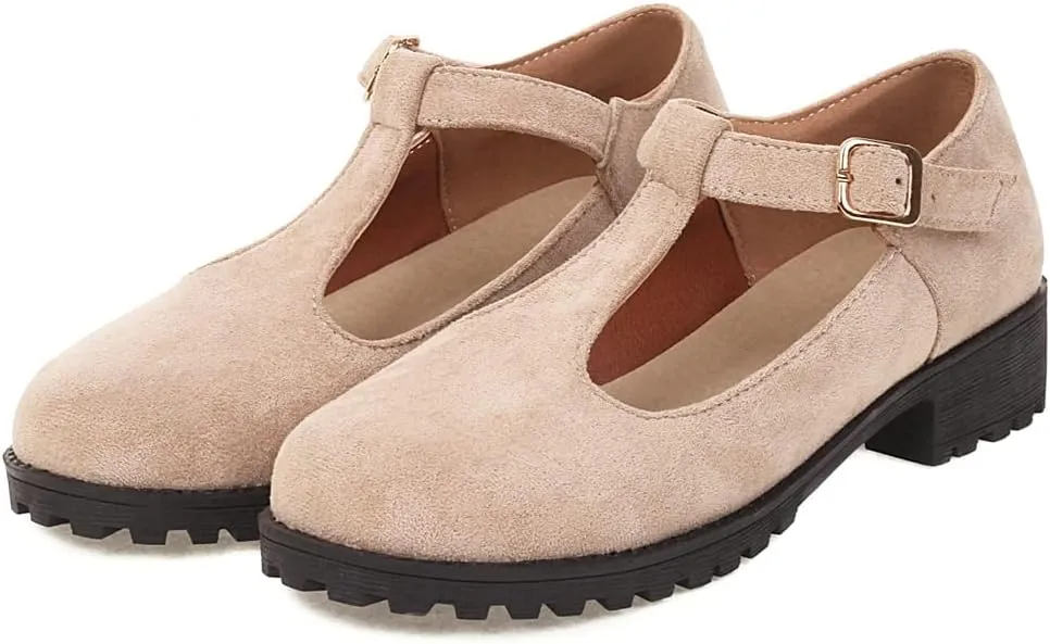 Women's Mary Jane T-Strap Loafers Flats Vintage Round Toe Suede Low Heel Girls Dress Oxford Shoes