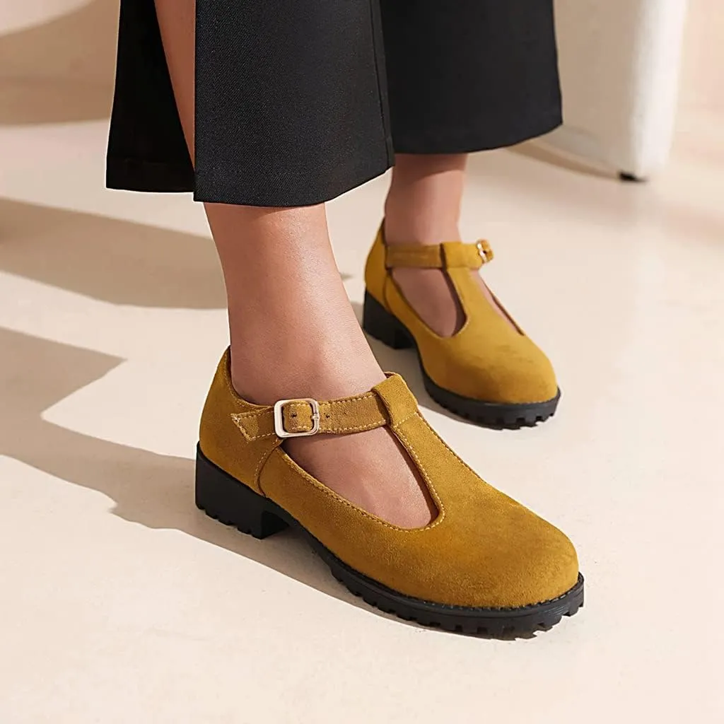 Women's Mary Jane T-Strap Loafers Flats Vintage Round Toe Suede Low Heel Girls Dress Oxford Shoes