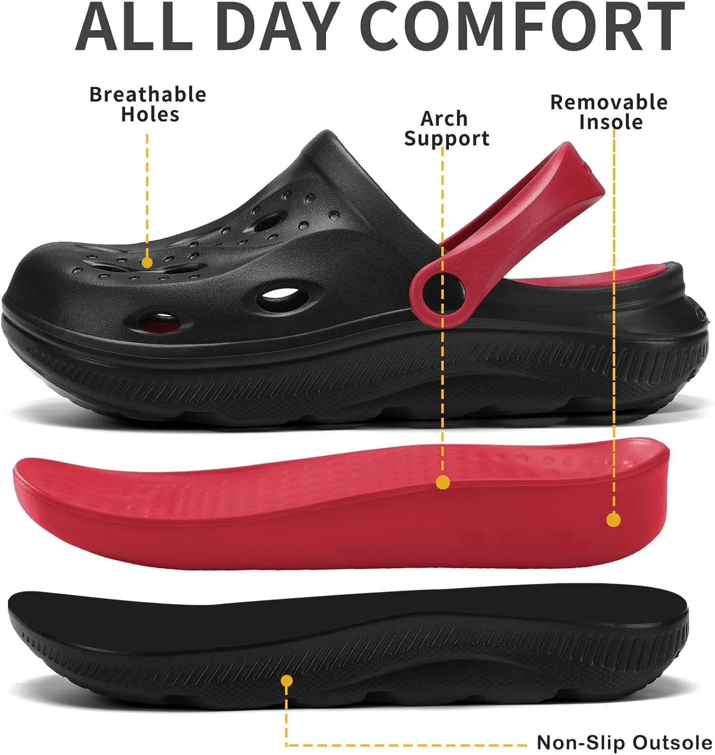 Womens Mens Arch Support Clogs Slip-on Garden Shoes Cushion Plantar Fasciitis Sandals Non-Slip Beach Slippers with Removable Insoles Outdoor Indoor