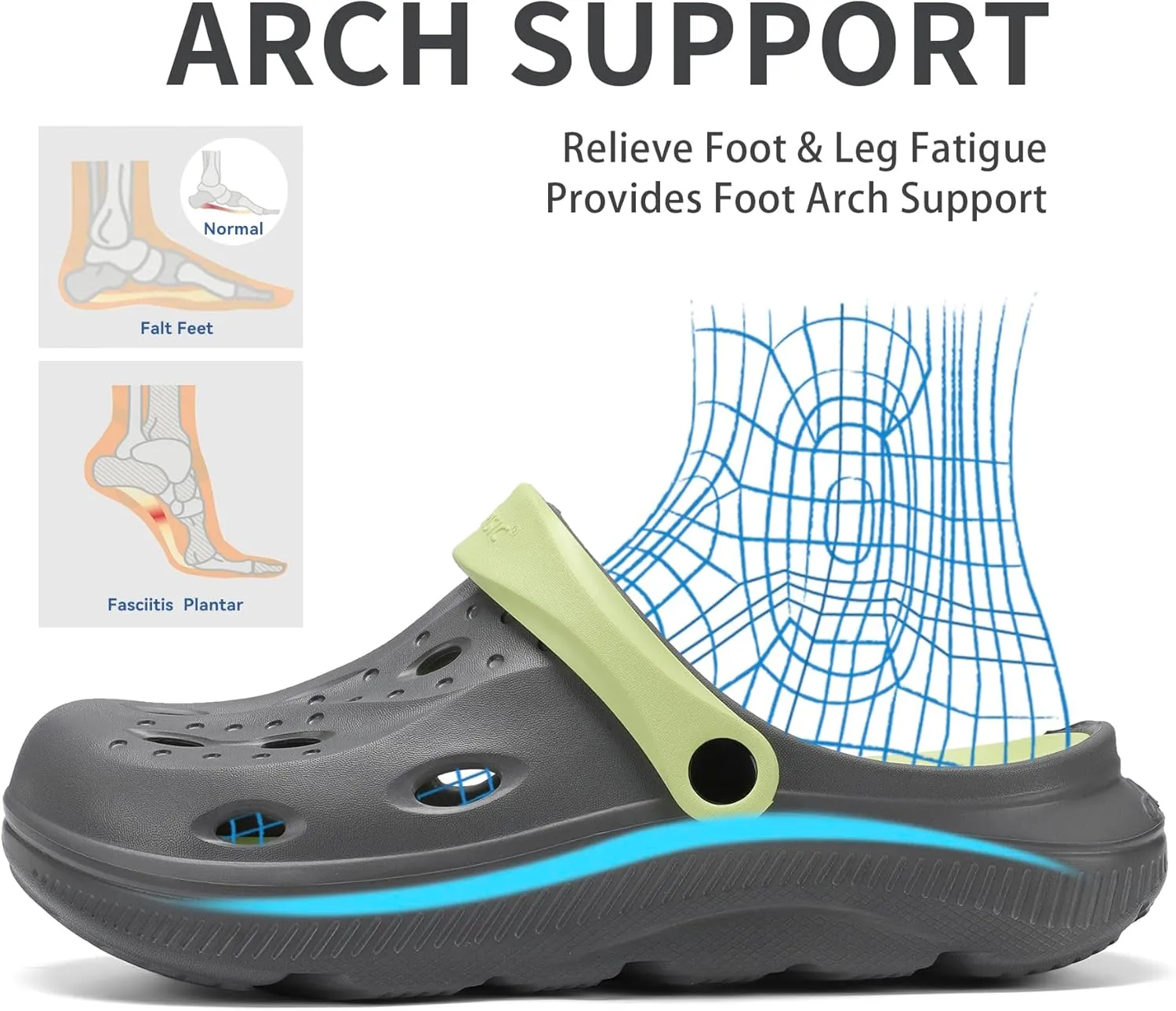 Womens Mens Arch Support Clogs Slip-on Garden Shoes Cushion Plantar Fasciitis Sandals Non-Slip Beach Slippers with Removable Insoles Outdoor Indoor