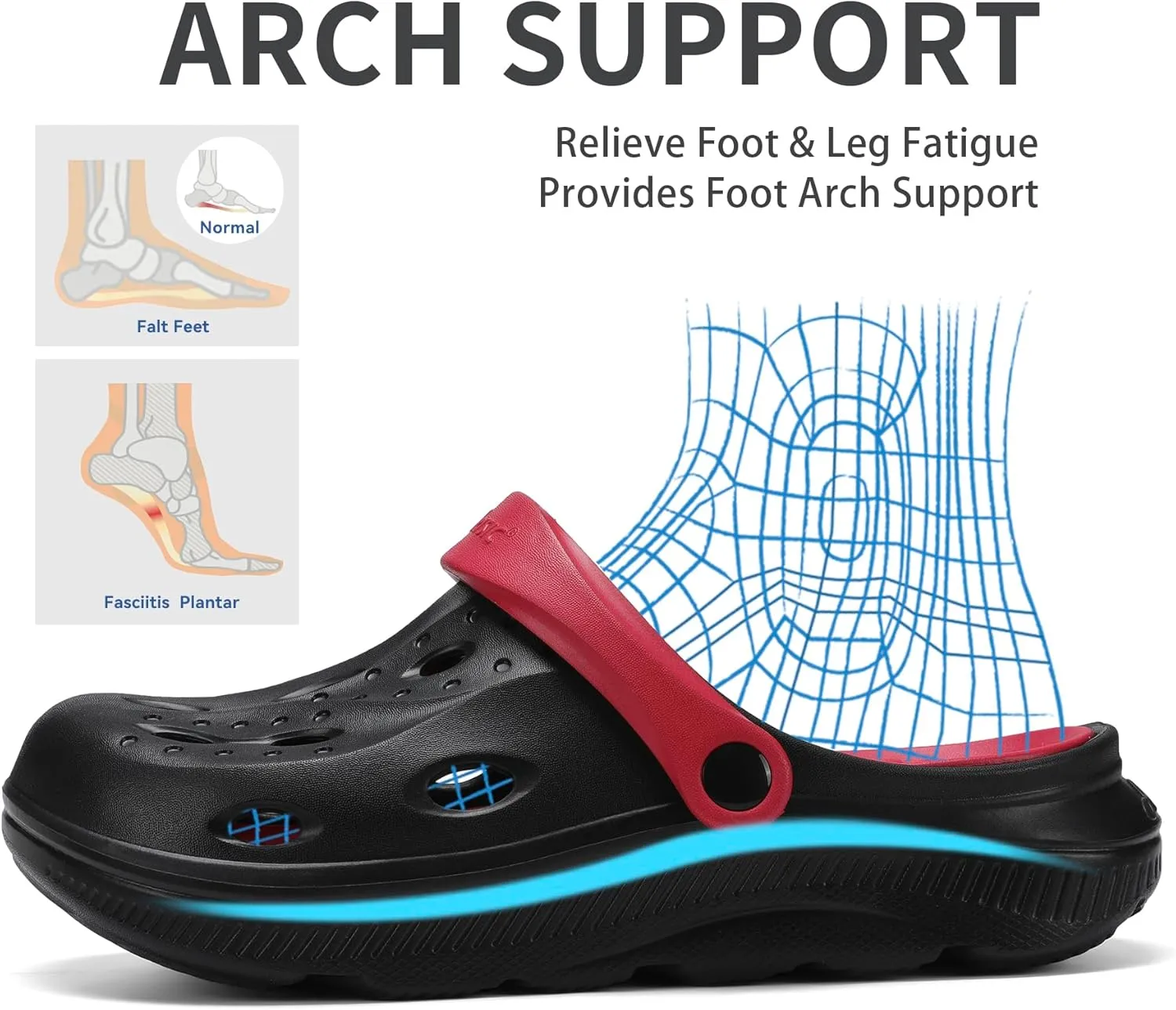 Womens Mens Arch Support Clogs Slip-on Garden Shoes Cushion Plantar Fasciitis Sandals Non-Slip Beach Slippers with Removable Insoles Outdoor Indoor