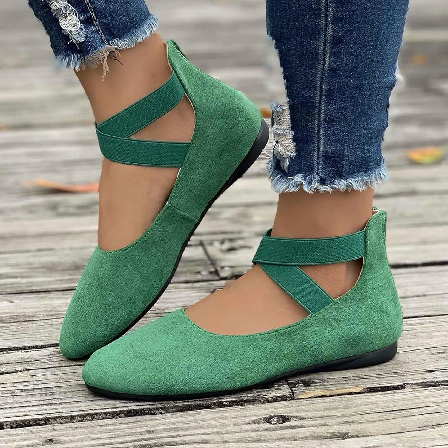 Women's One Foot Stirrup Comfortable Round Toe Black Flats Women's Ankle Strap Flats