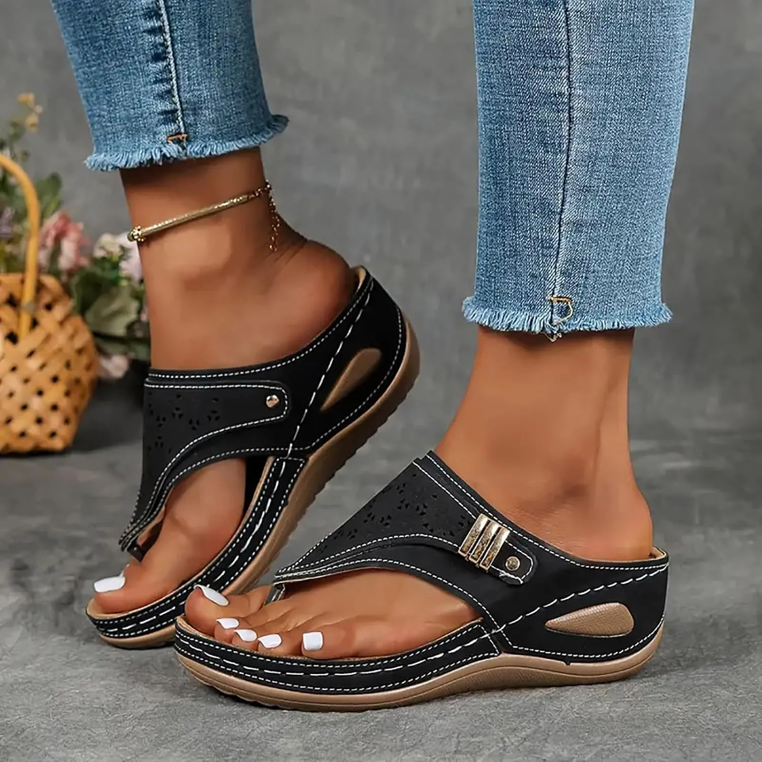 Women's Orthopedic Wedge Sandals - Blue Flip Flops - Wide Width - Dressy Casual Platform Thong Ankle Strap Sandals for Women