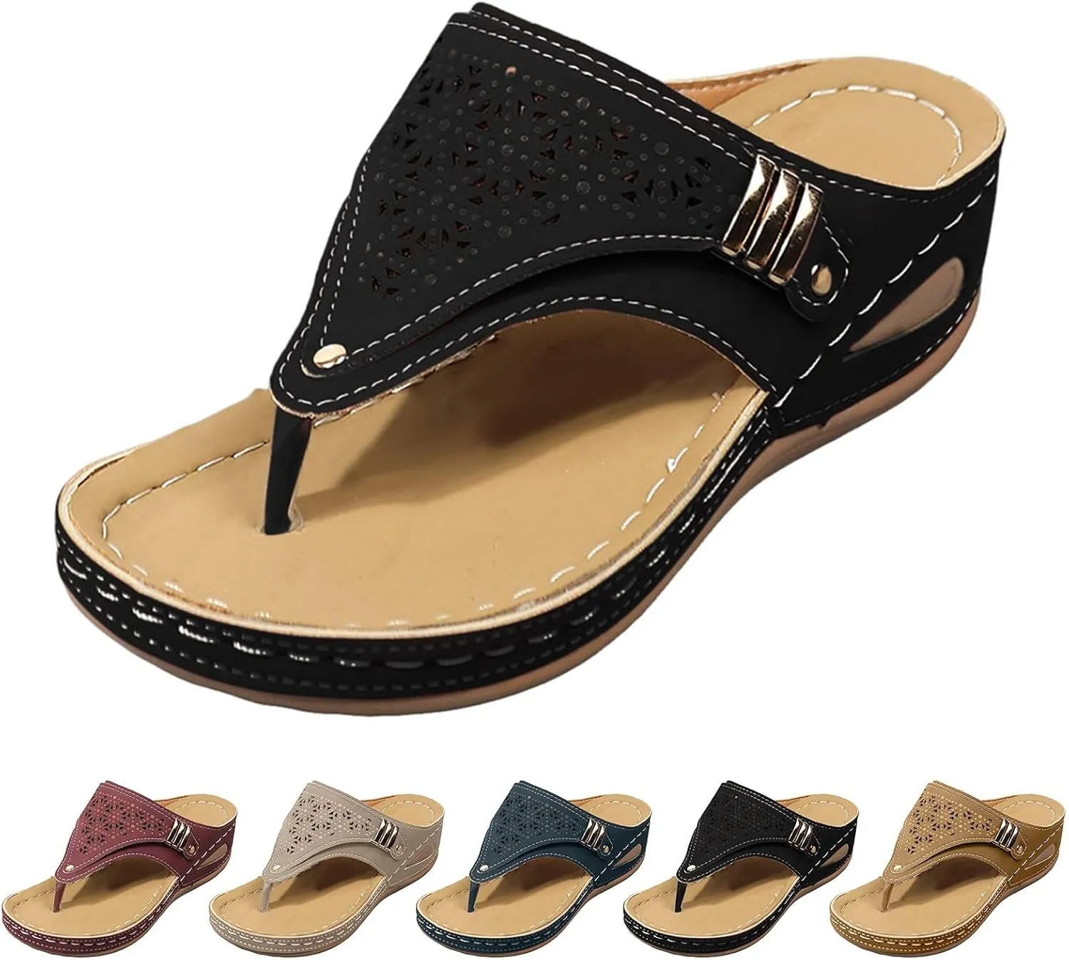 Women's Orthopedic Wedge Sandals - Blue Flip Flops - Wide Width - Dressy Casual Platform Thong Ankle Strap Sandals for Women