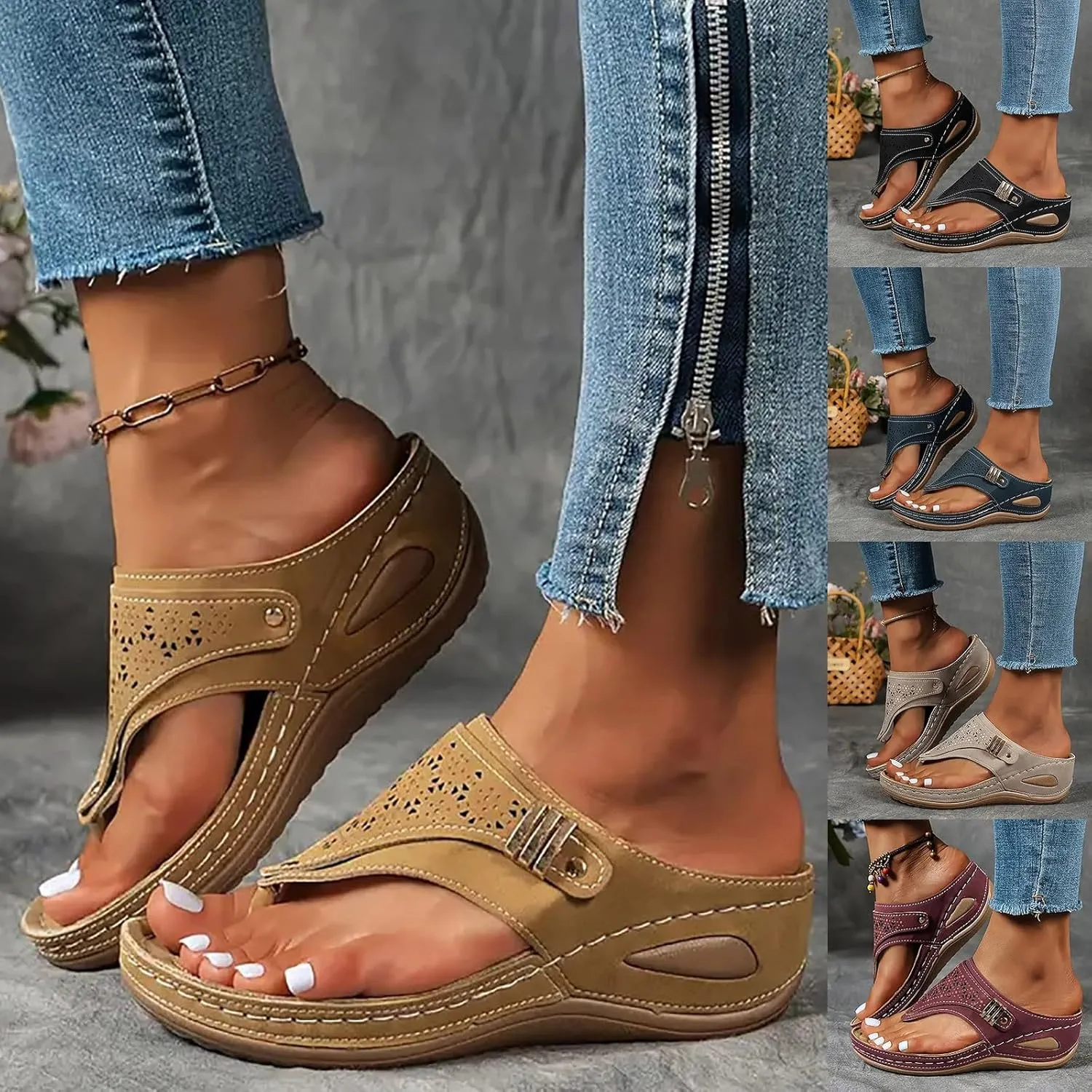 Women's Orthopedic Wedge Sandals - Blue Flip Flops - Wide Width - Dressy Casual Platform Thong Ankle Strap Sandals for Women