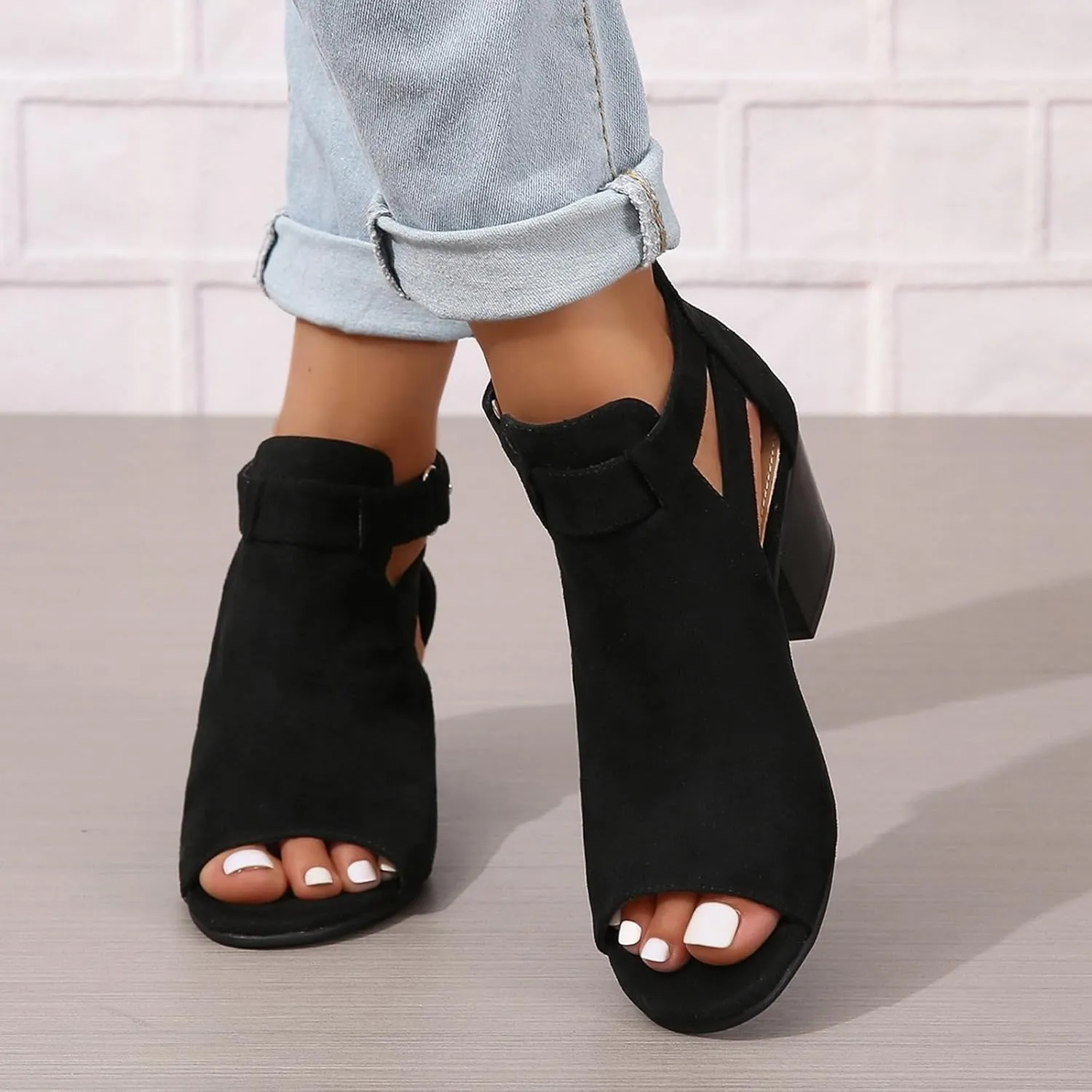 Women's Peep Toe Booties Toe Ankle Booties Chunky Heels Cutout Back Zipper Sandals Suede Side Ankle Strap Dress Sandals Strap Evening Party Shoes
