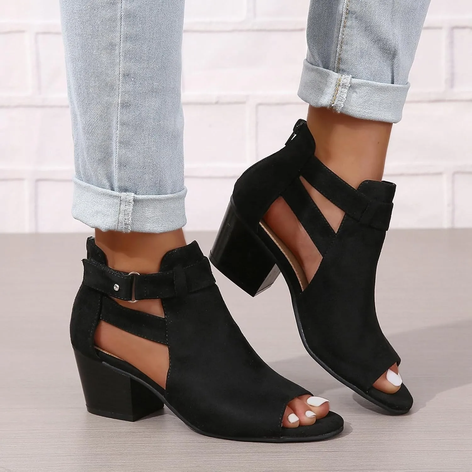 Women's Peep Toe Booties Toe Ankle Booties Chunky Heels Cutout Back Zipper Sandals Suede Side Ankle Strap Dress Sandals Strap Evening Party Shoes