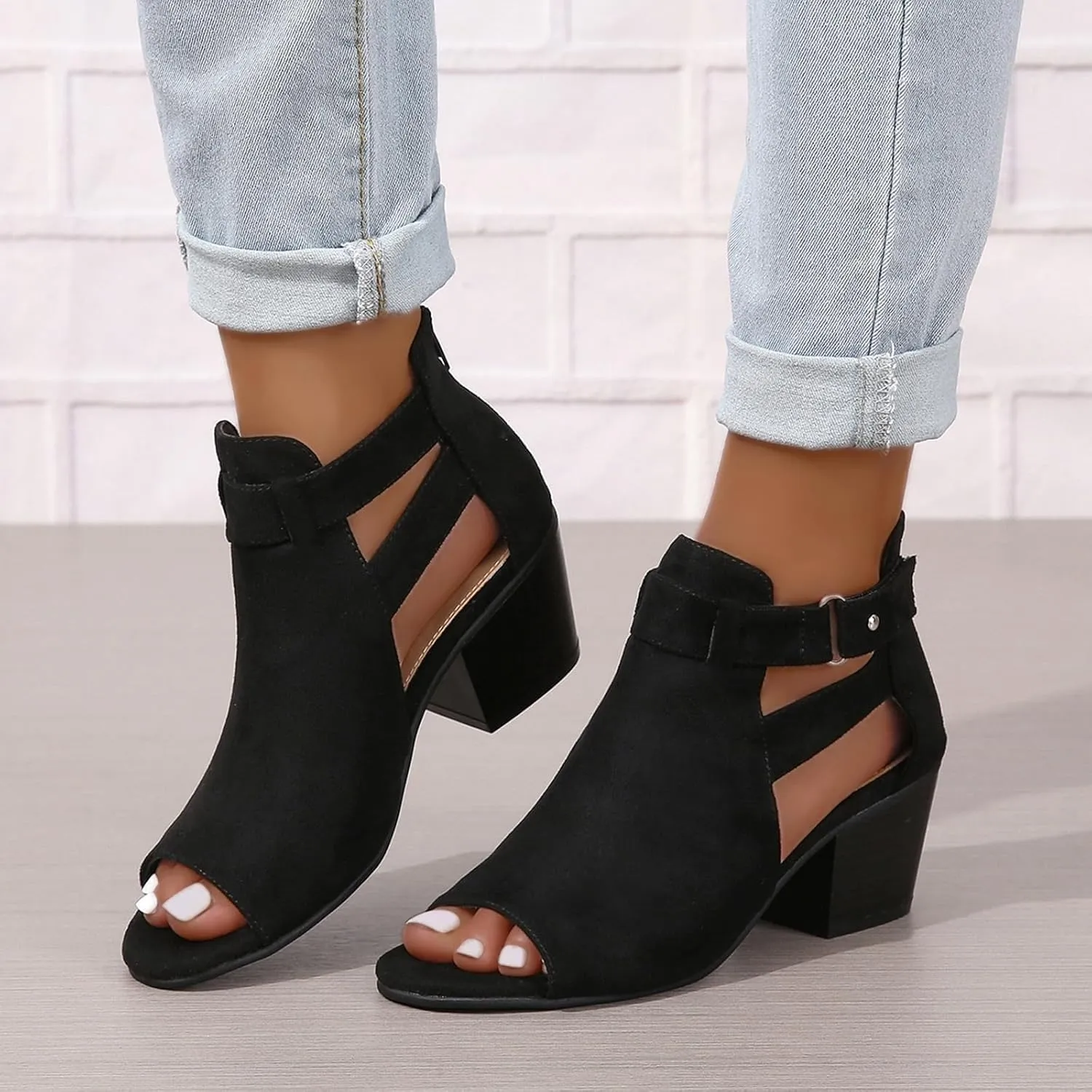Women's Peep Toe Booties Toe Ankle Booties Chunky Heels Cutout Back Zipper Sandals Suede Side Ankle Strap Dress Sandals Strap Evening Party Shoes