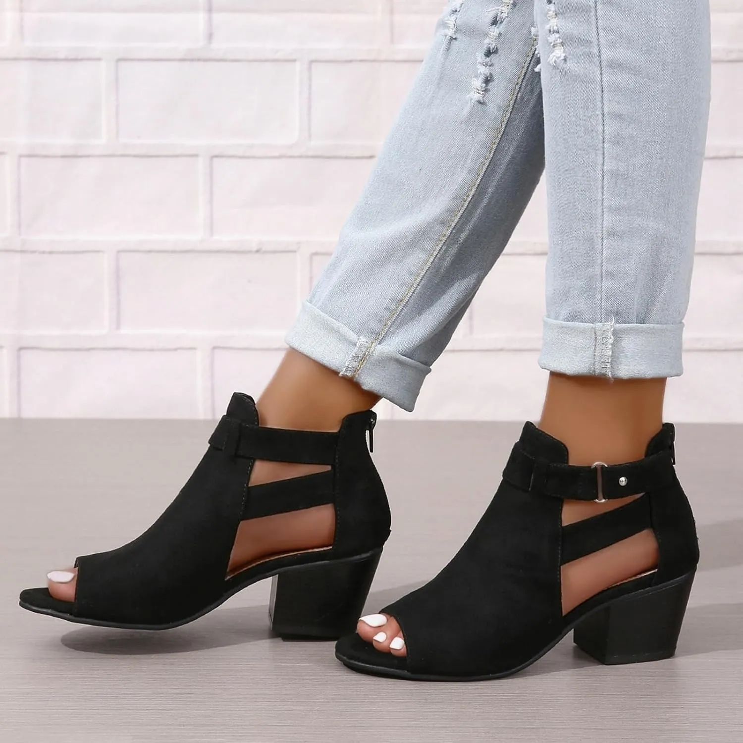 Women's Peep Toe Booties Toe Ankle Booties Chunky Heels Cutout Back Zipper Sandals Suede Side Ankle Strap Dress Sandals Strap Evening Party Shoes