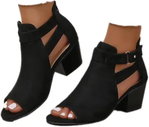 Women's Peep Toe Booties Toe Ankle Booties Chunky Heels Cutout Back Zipper Sandals Suede Side Ankle Strap Dress Sandals Strap Evening Party Shoes