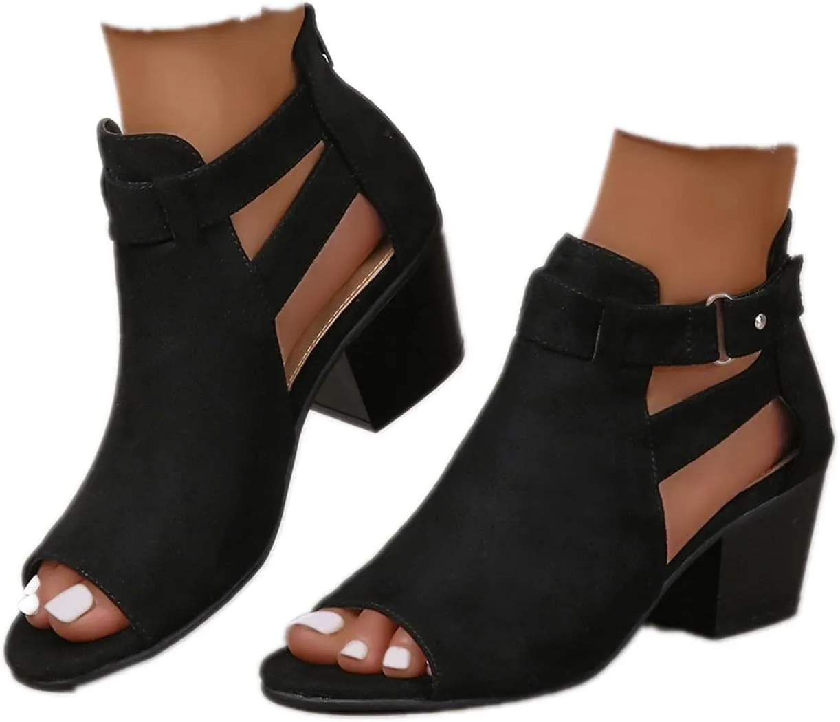 Women's Peep Toe Booties Toe Ankle Booties Chunky Heels Cutout Back Zipper Sandals Suede Side Ankle Strap Dress Sandals Strap Evening Party Shoes