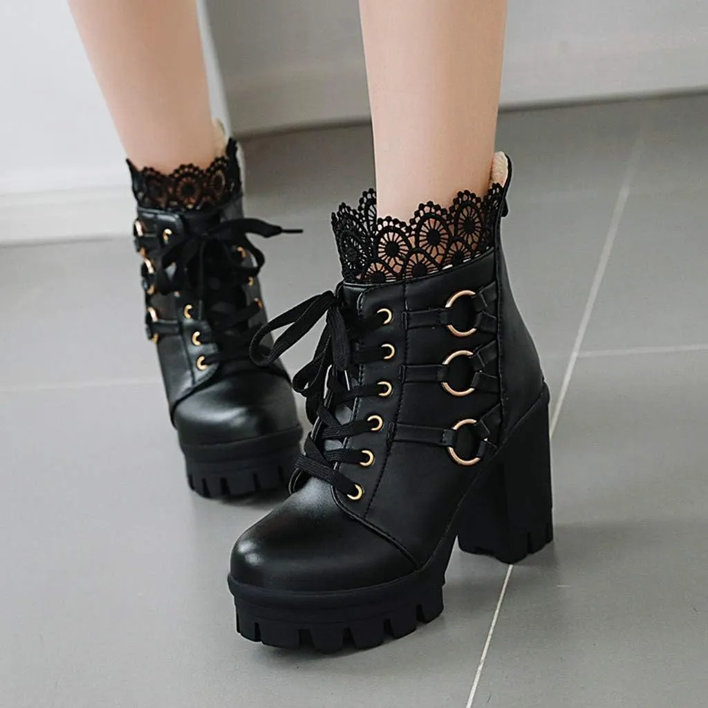 Women's Platform Combat Boots Fashion Lace Leather Chunky Pump Ankle Booties Goth Lace Up High Heels Short Boots