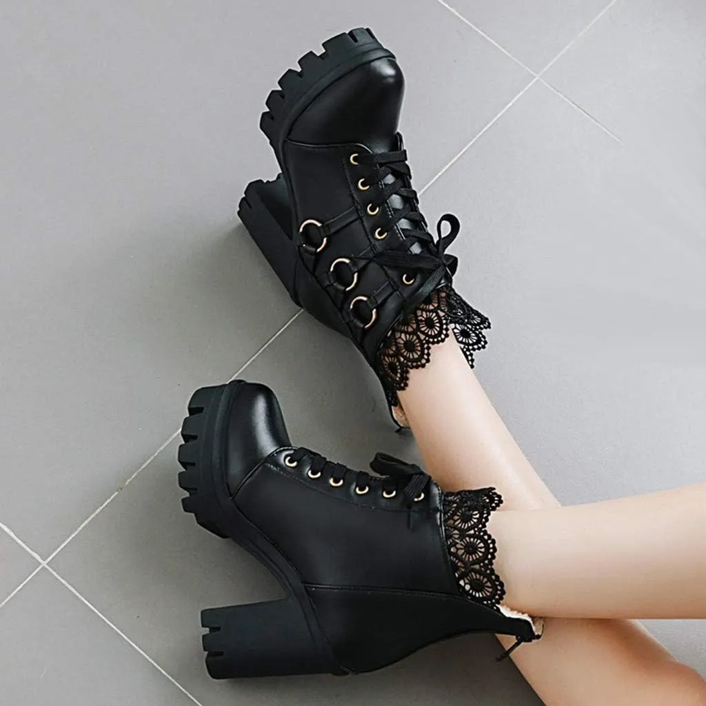 Women's Platform Combat Boots Fashion Lace Leather Chunky Pump Ankle Booties Goth Lace Up High Heels Short Boots