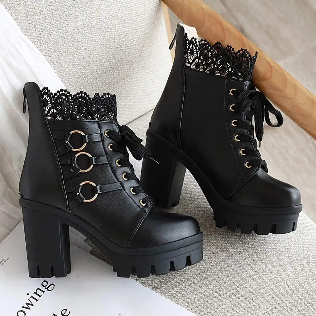 Women's Platform Combat Boots Fashion Lace Leather Chunky Pump Ankle Booties Goth Lace Up High Heels Short Boots
