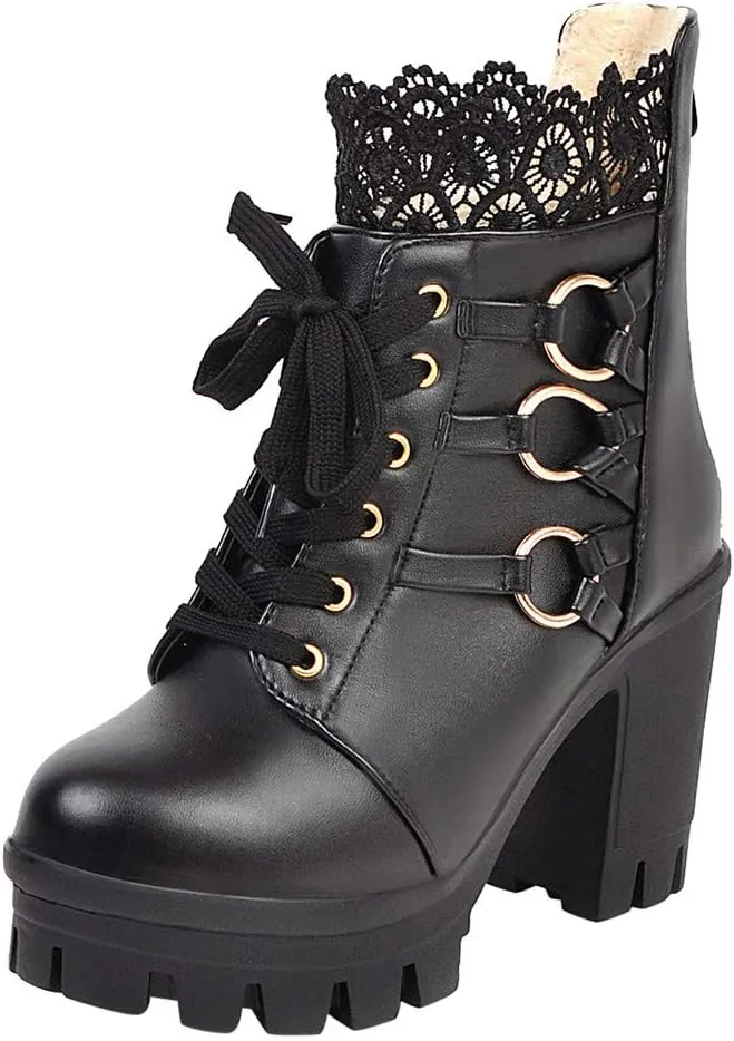 Women's Platform Combat Boots Fashion Lace Leather Chunky Pump Ankle Booties Goth Lace Up High Heels Short Boots