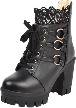 Women's Platform Combat Boots Fashion Lace Leather Chunky Pump Ankle Booties Goth Lace Up High Heels Short Boots