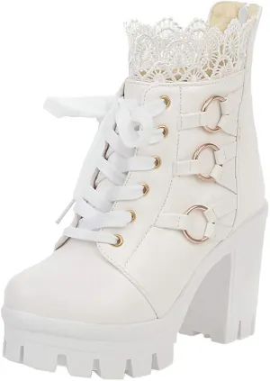 Women's Platform Combat Boots Fashion Lace Leather Chunky Pump Ankle Booties Goth Lace Up High Heels Short Boots
