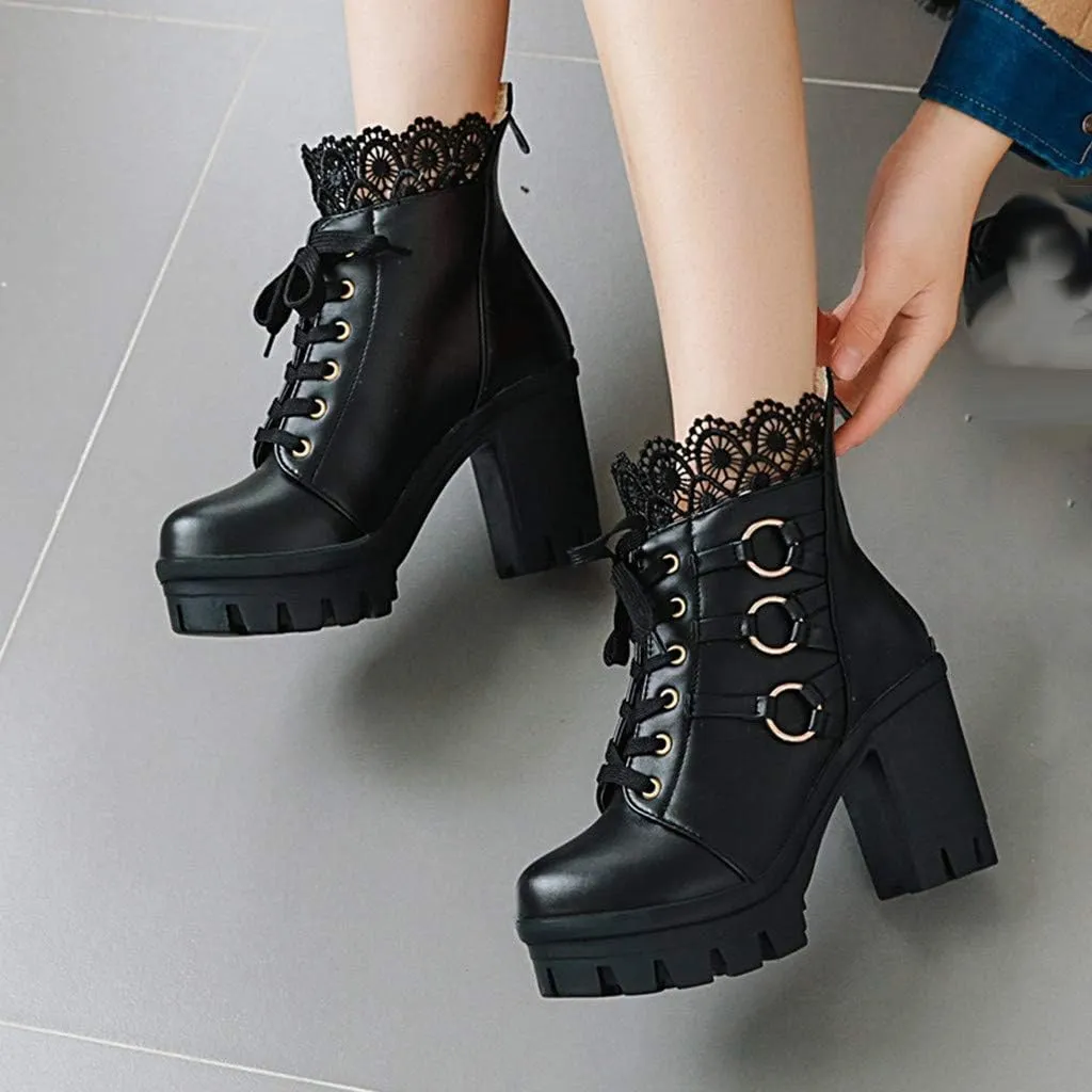 Women's Platform Combat Boots Fashion Lace Leather Chunky Pump Ankle Booties Goth Lace Up High Heels Short Boots