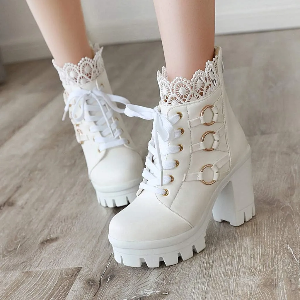 Women's Platform Combat Boots Fashion Lace Leather Chunky Pump Ankle Booties Goth Lace Up High Heels Short Boots