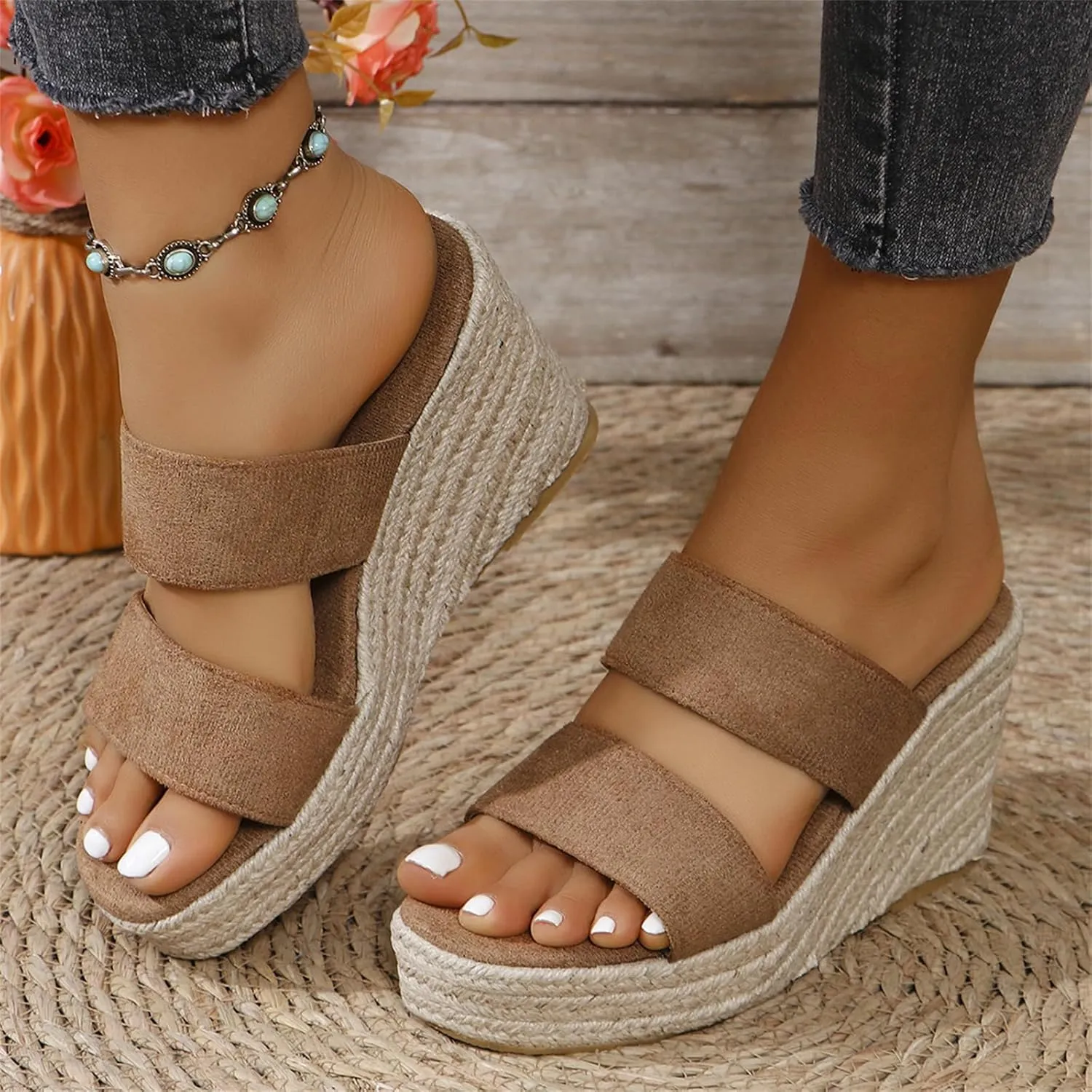 Womens Platform Espadrilles Slip On Wedge Sandals Casual Summer Open Toe Slippers High Heel Wedges Shoe Mules