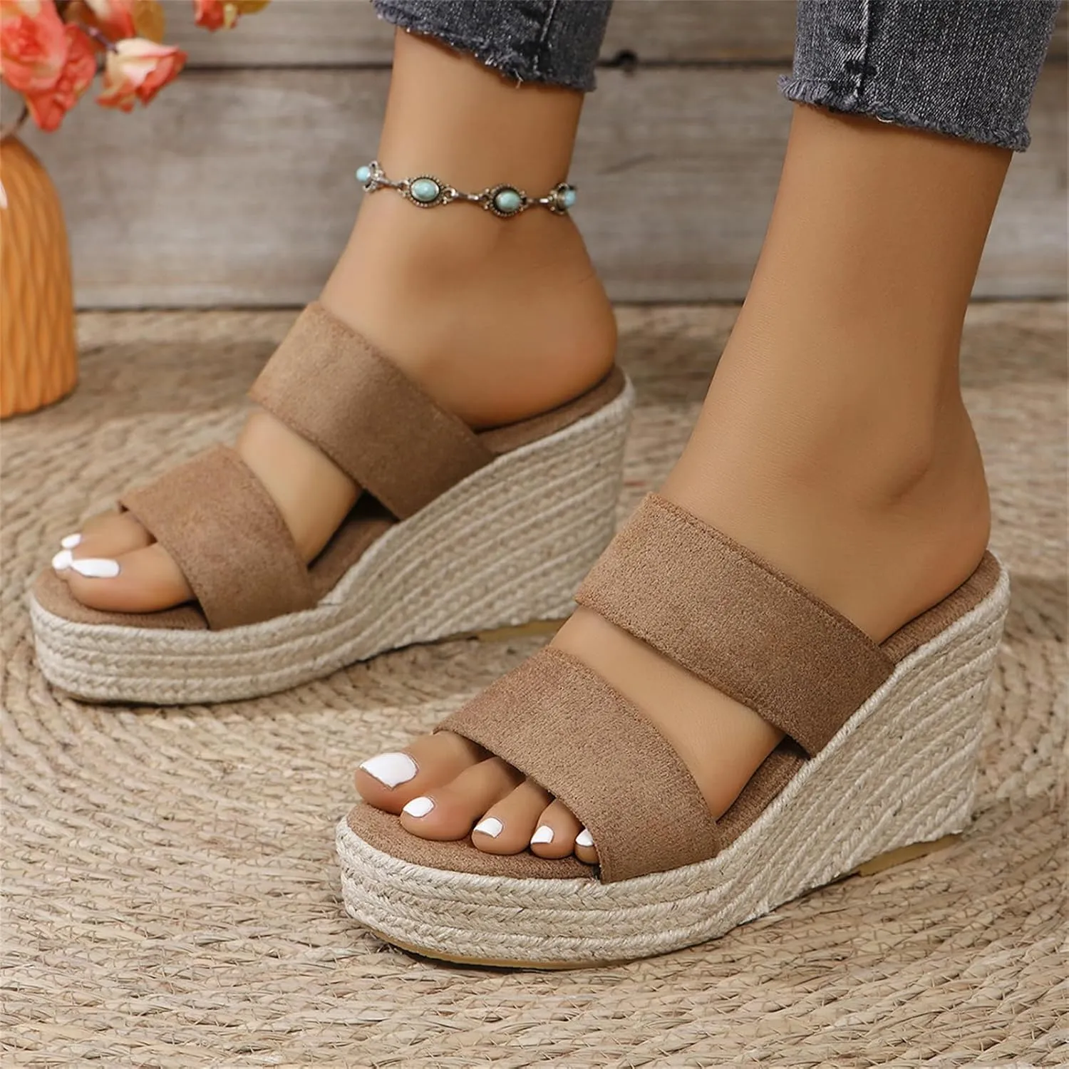 Womens Platform Espadrilles Slip On Wedge Sandals Casual Summer Open Toe Slippers High Heel Wedges Shoe Mules
