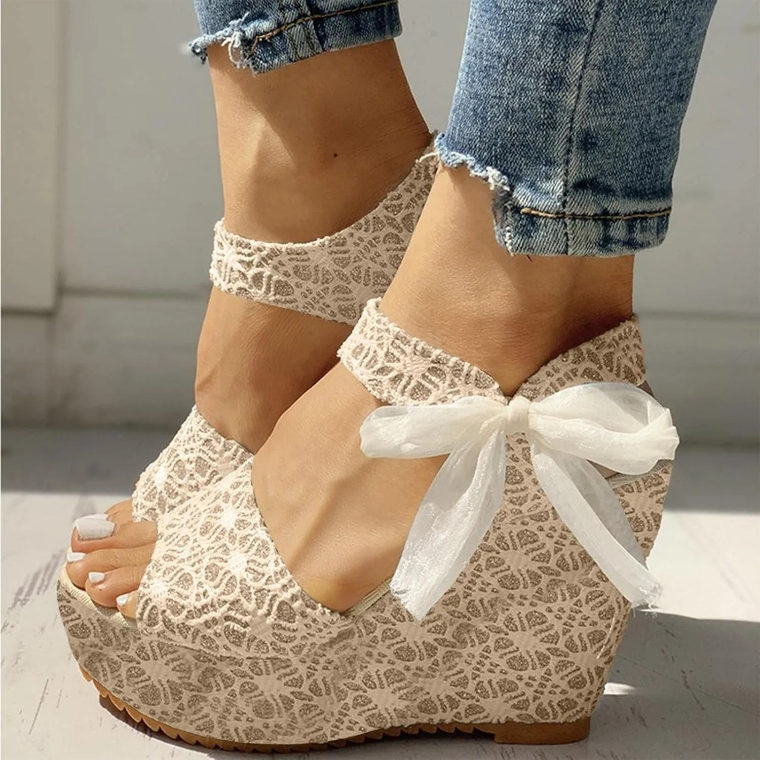 Women's Platform Sandals Wedge Open Toe Ankle Strap Lace Wedding Bridesmaid Shoes Comfortable Close Toe Rhinestone