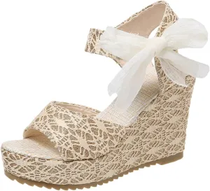 Women's Platform Sandals Wedge Open Toe Ankle Strap Lace Wedding Bridesmaid Shoes Comfortable Close Toe Rhinestone