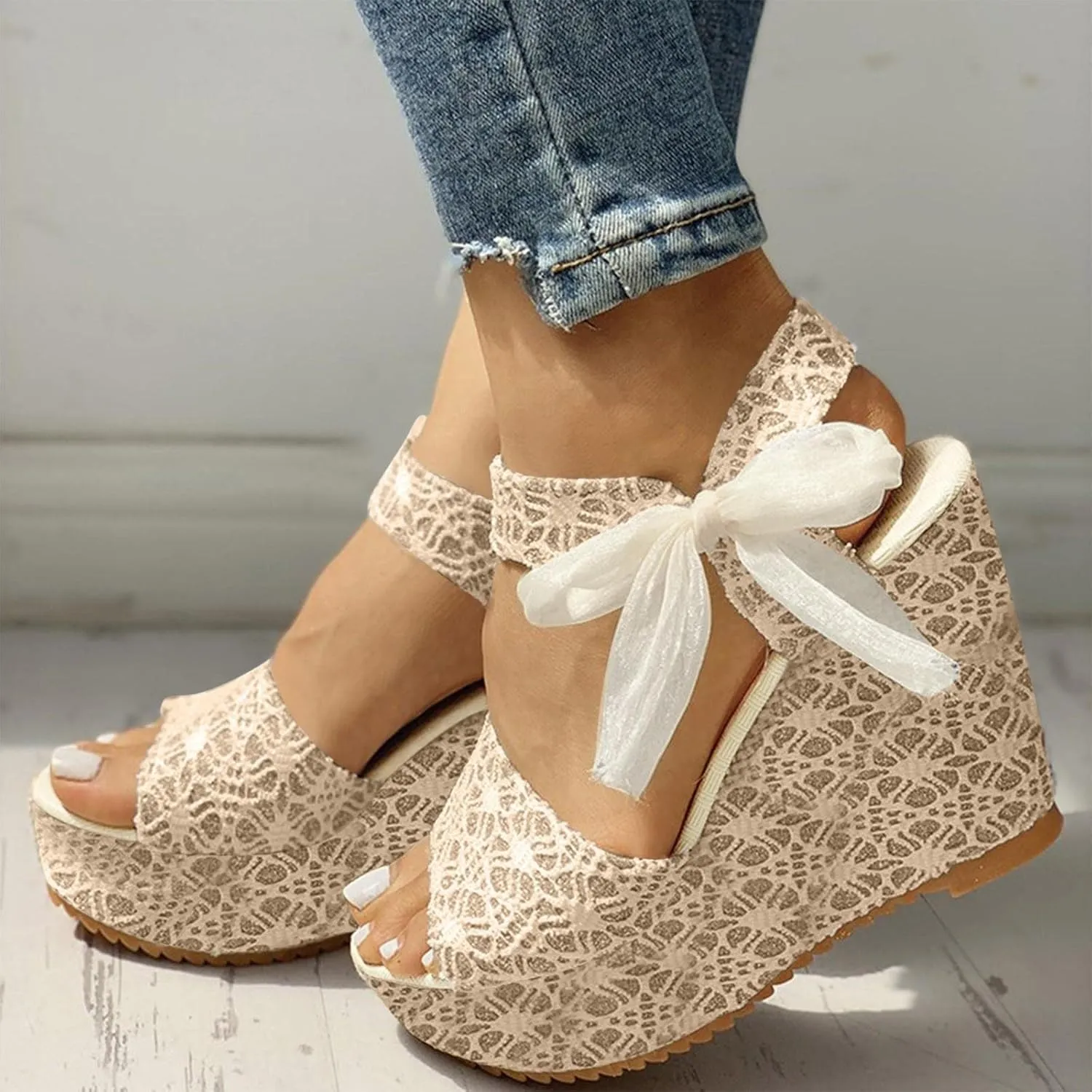 Women's Platform Sandals Wedge Open Toe Ankle Strap Lace Wedding Bridesmaid Shoes Comfortable Close Toe Rhinestone