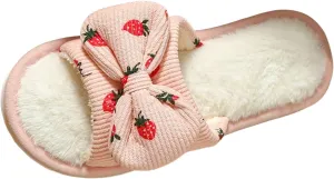 Women's Plus Velvet Slippers Sweet Bow Decoration Fuzzy Slippers Breathable Open Toe Slippers Indoor and Outdoor