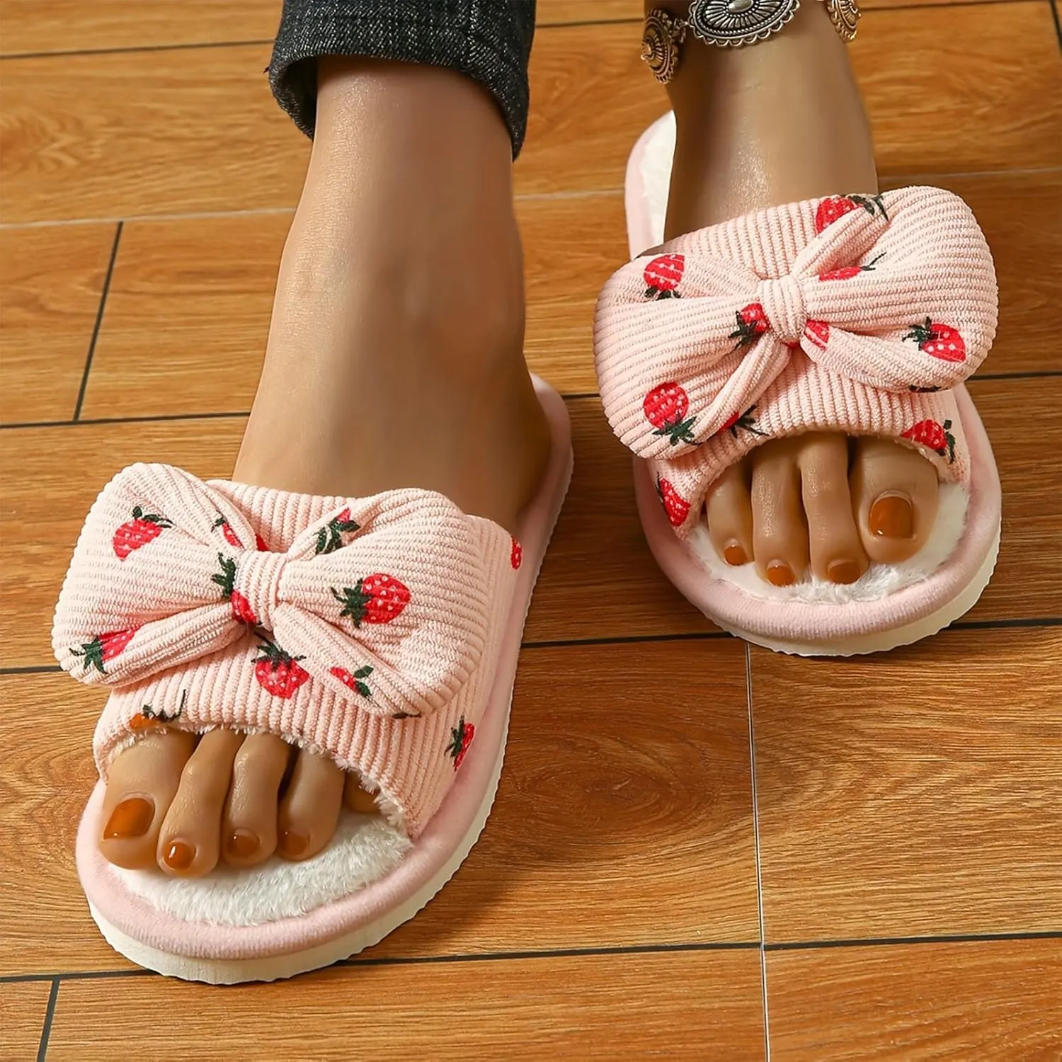 Women's Plus Velvet Slippers Sweet Bow Decoration Fuzzy Slippers Breathable Open Toe Slippers Indoor and Outdoor