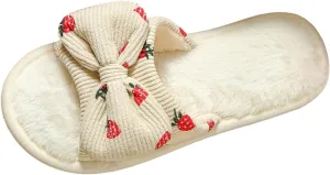 Women's Plus Velvet Slippers Sweet Bow Decoration Fuzzy Slippers Breathable Open Toe Slippers Indoor and Outdoor