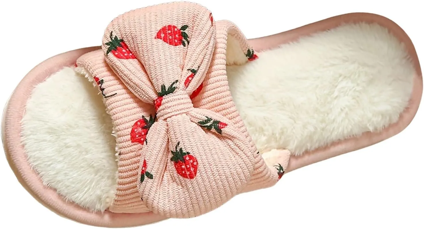 Women's Plus Velvet Slippers Sweet Bow Decoration Fuzzy Slippers Breathable Open Toe Slippers Indoor and Outdoor