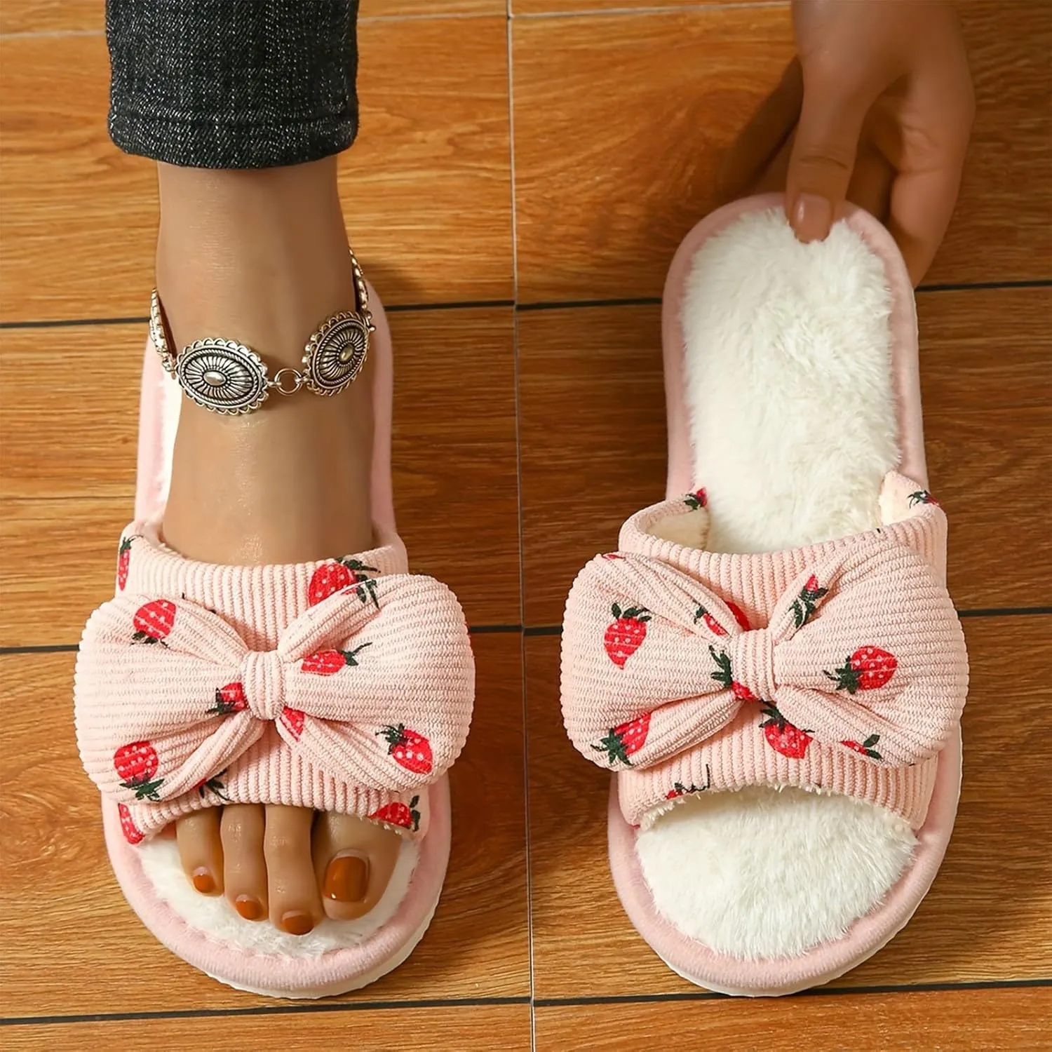 Women's Plus Velvet Slippers Sweet Bow Decoration Fuzzy Slippers Breathable Open Toe Slippers Indoor and Outdoor
