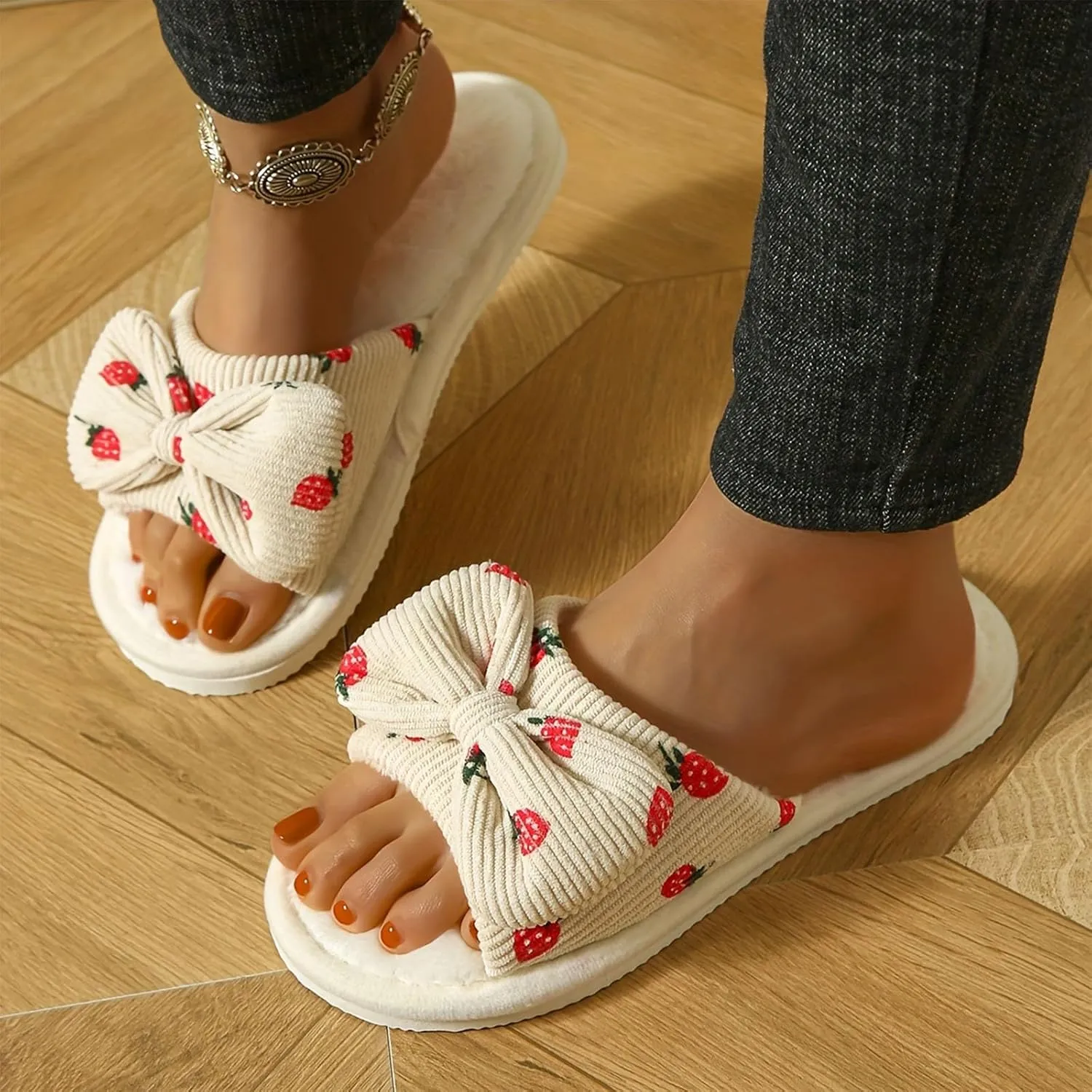 Women's Plus Velvet Slippers Sweet Bow Decoration Fuzzy Slippers Breathable Open Toe Slippers Indoor and Outdoor