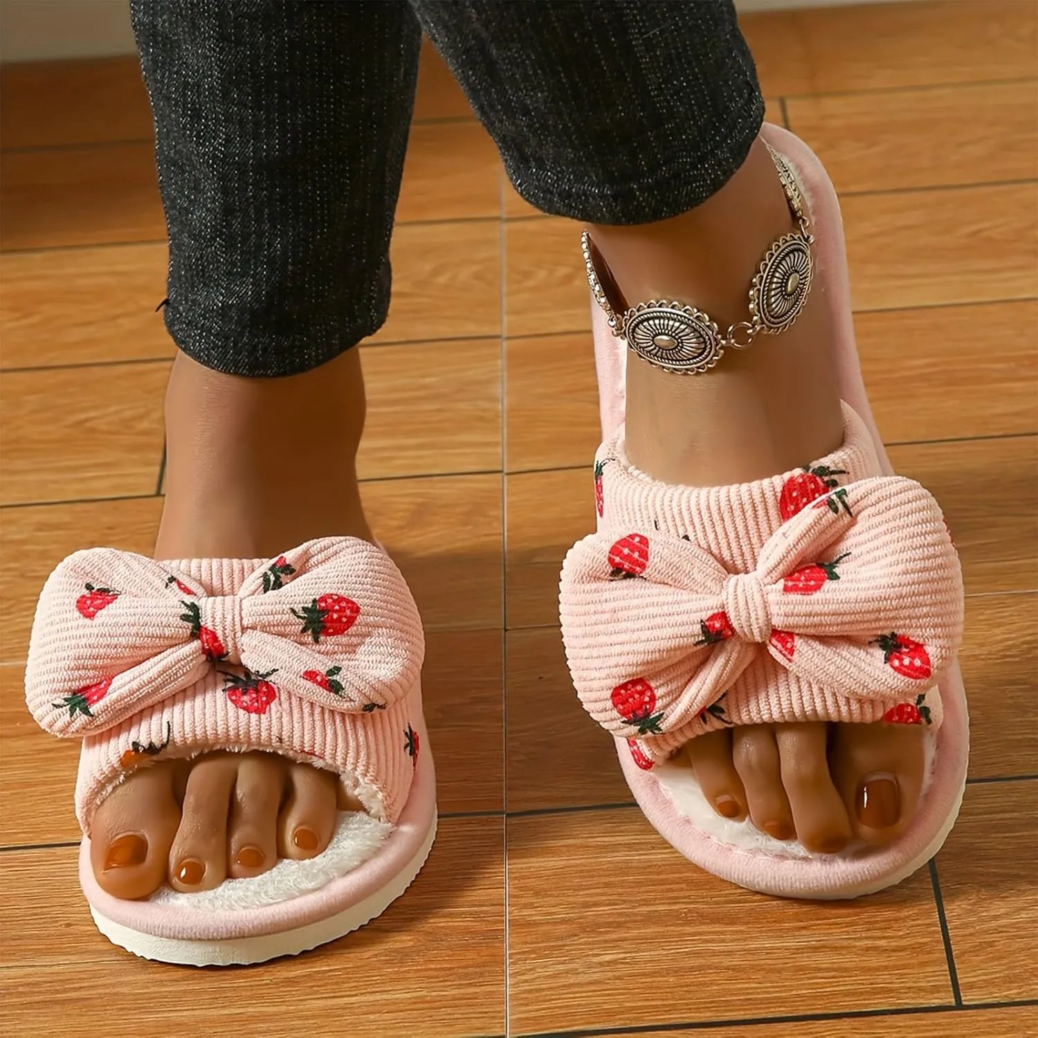 Women's Plus Velvet Slippers Sweet Bow Decoration Fuzzy Slippers Breathable Open Toe Slippers Indoor and Outdoor