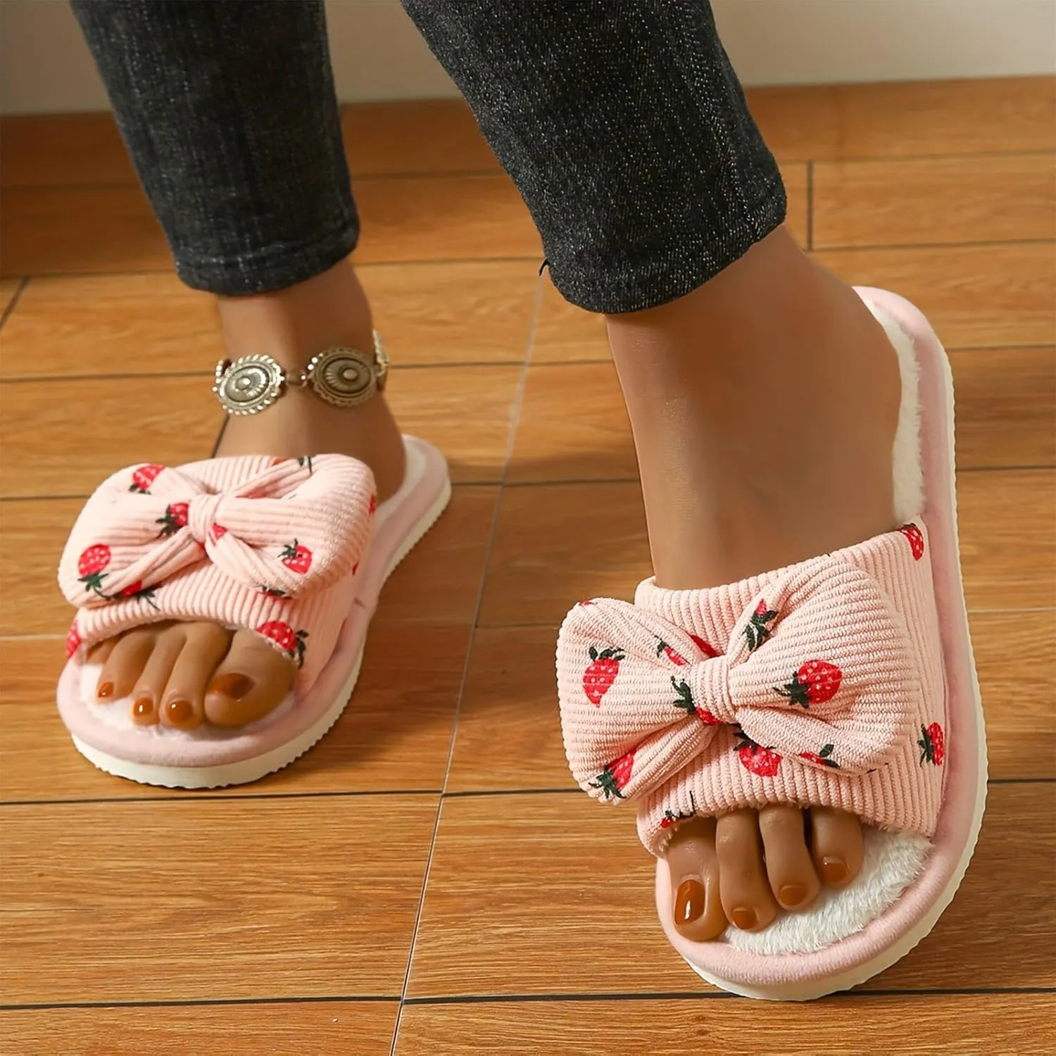 Women's Plus Velvet Slippers Sweet Bow Decoration Fuzzy Slippers Breathable Open Toe Slippers Indoor and Outdoor