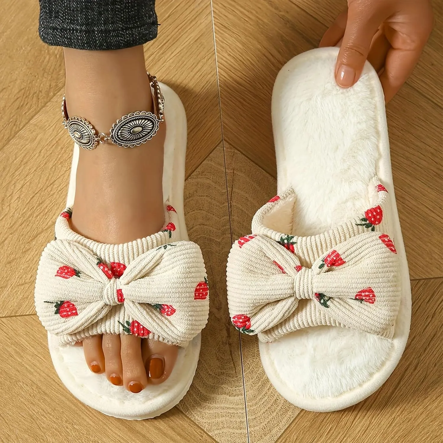 Women's Plus Velvet Slippers Sweet Bow Decoration Fuzzy Slippers Breathable Open Toe Slippers Indoor and Outdoor