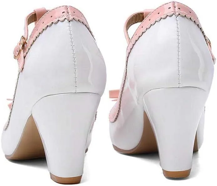 Womens Rockabilly Shoes T-Strap Mary Jane Block High Heel Closed Toe Pumps