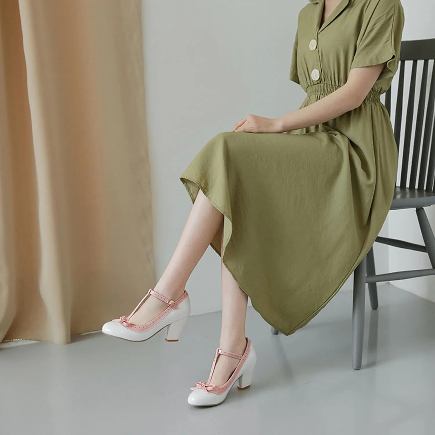 Womens Rockabilly Shoes T-Strap Mary Jane Block High Heel Closed Toe Pumps