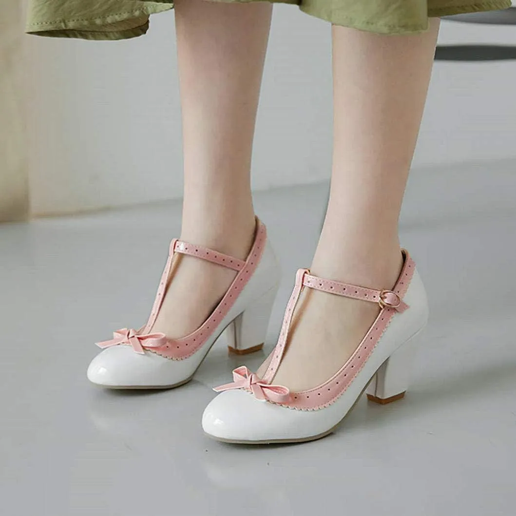 Womens Rockabilly Shoes T-Strap Mary Jane Block High Heel Closed Toe Pumps