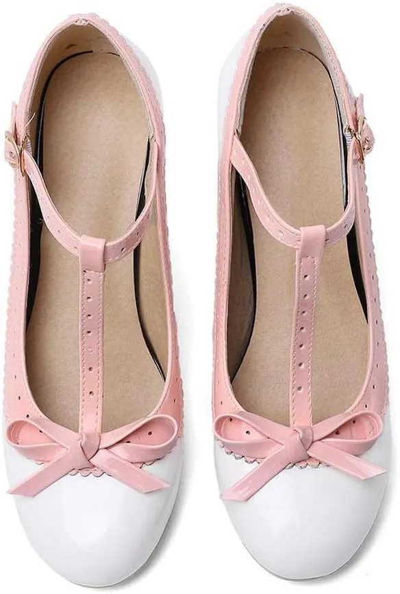 Womens Rockabilly Shoes T-Strap Mary Jane Block High Heel Closed Toe Pumps