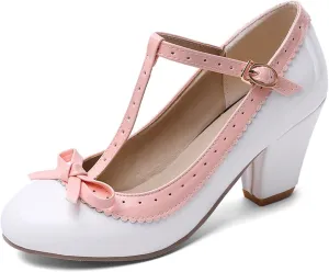 Womens Rockabilly Shoes T-Strap Mary Jane Block High Heel Closed Toe Pumps